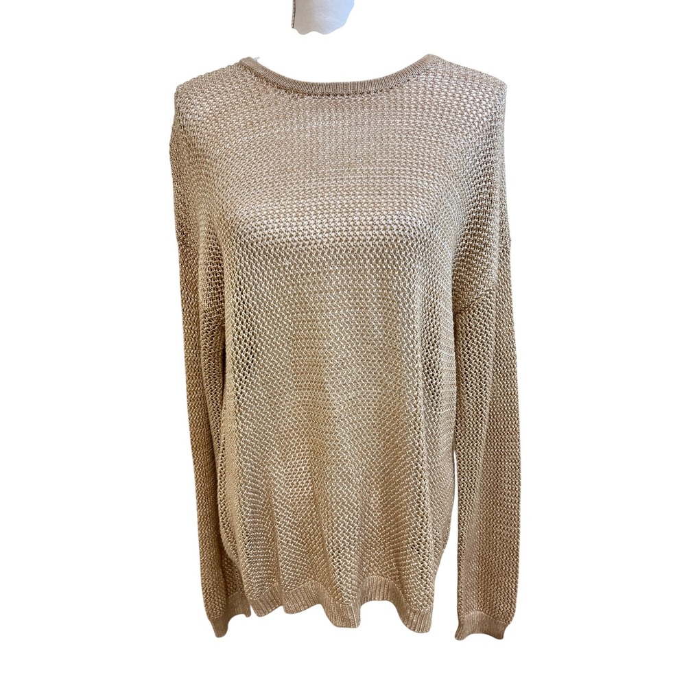 MINNIE ROSE Gold Mesh Sweater Sz L Metallic Tan Crochet Knit Hampton Boho Beachy - Picture 2 of 13
